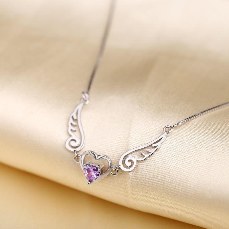 Angel Wings Necklace Pure Silver 925 Jewelry Romantic Purple Crystal Heart Necklaces For Women Sterling-Silver-Jewelry Necklace Angelwarriorfitness.com