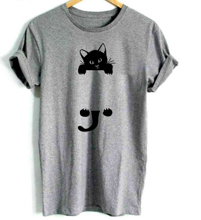 Cat climbing print T-shirt women's cotton casual funny T-shirt Angelwarriorfitness.com