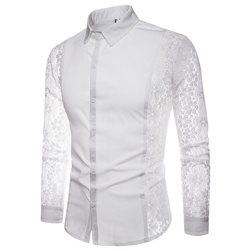 Lace Accents of Sophistication: Men's Luxuriously Designed Buttoned Shirt with Full Lace Arms Angelwarriorfitness.com