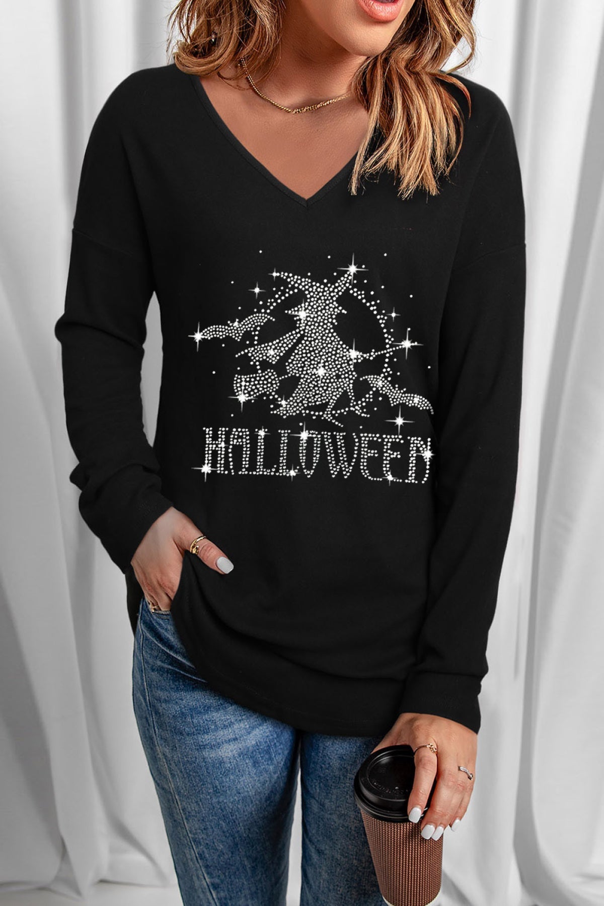 Black Halloween Witch Rhinestones Solid V Neck Shift Casual Long Sleeve Top Angelwarriorfitness.com