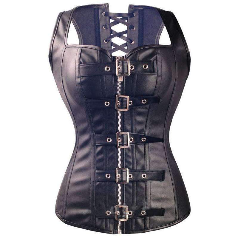 Black Steampunk Faux Leather Overbust Corset Angelwarriorfitness.com