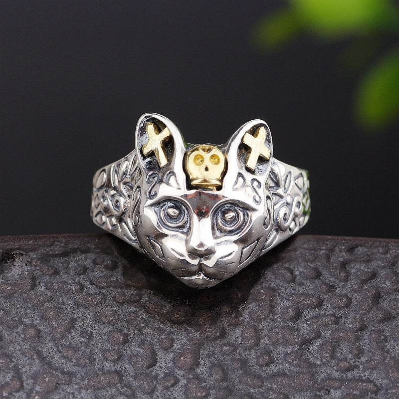 S925 sterling silver cartoon cute kitten ring retro lucky cat ring Angelwarriorfitness.com