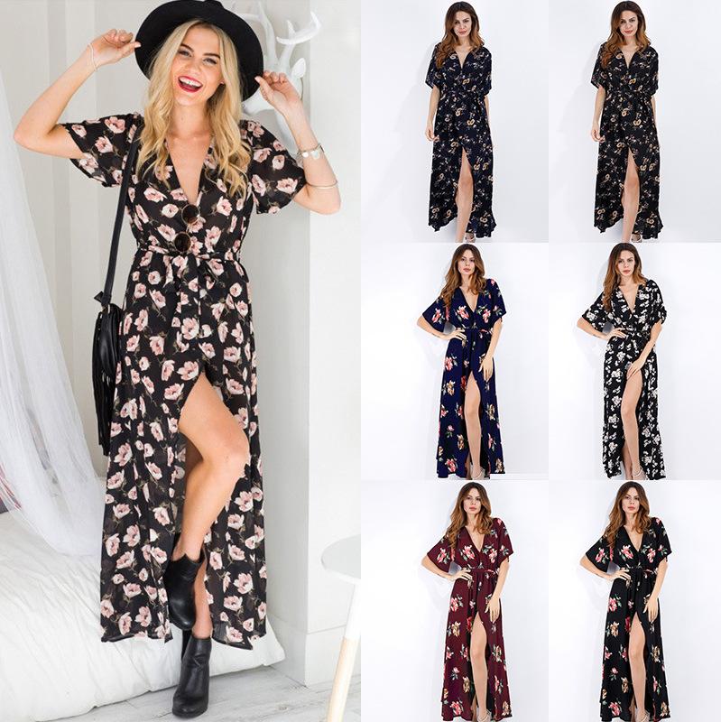 Maxi Dress Boho Beach Floral Vintage V Neck Casual Dress Angelwarriorfitness.com