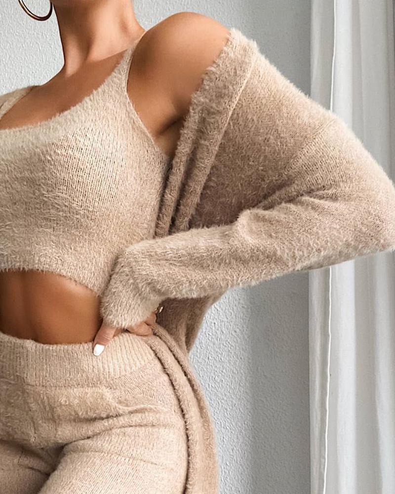 Women Fashion Solid Fluffy Plain Crop Top & Skinny Pants & Longline Coat Set Warm Cozy Suit Sets Angelwarriorfitness.com