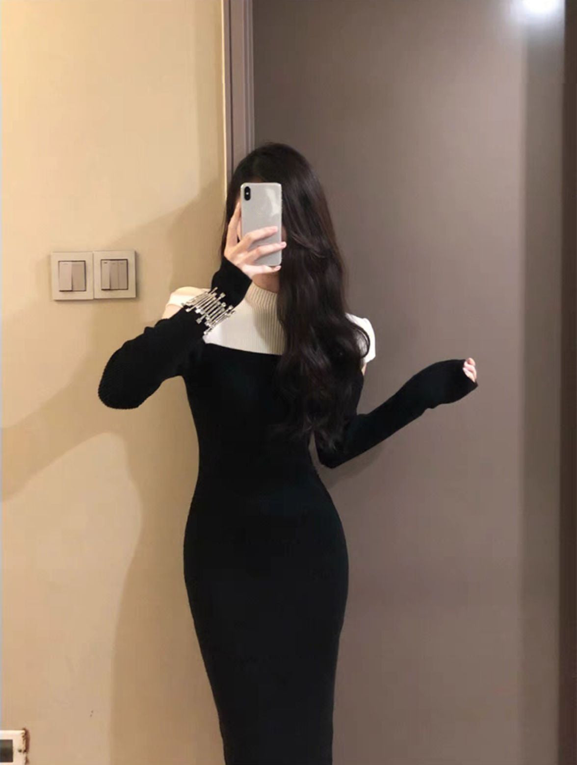 Women's Contrast Color Stitching Strapless Long Sleeve Knitted Dress Angelwarriorfitness.com