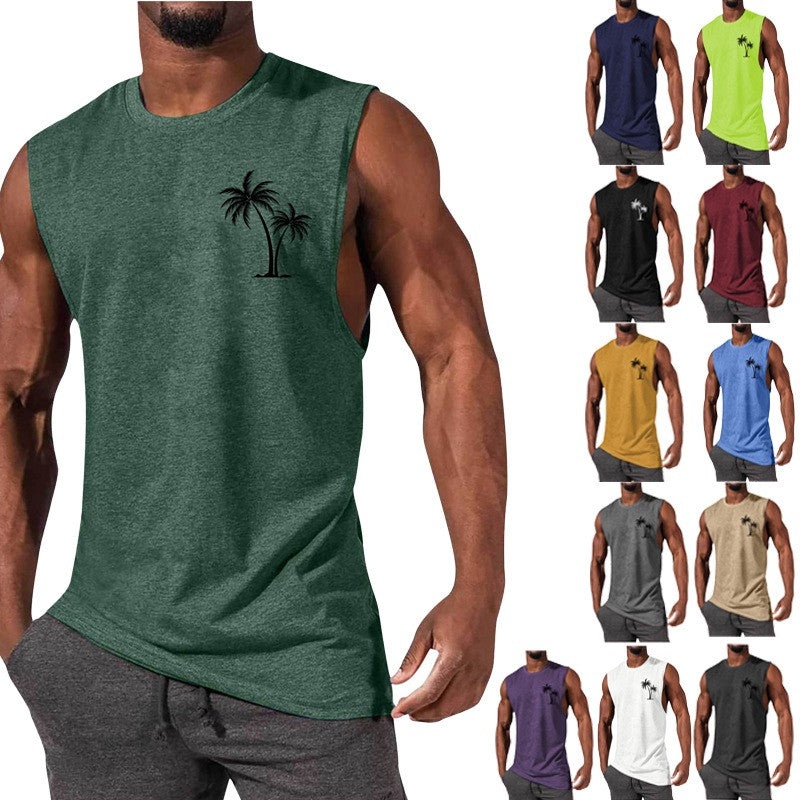 Coconut Tree Embroidery Vest Summer Beach Tank Tops Workout Muscle Men Sports Fitness T-shirt Angelwarriorfitness.com