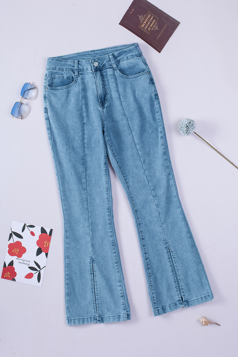 Sky Blue High Waist Seamed Split Flare Jeans Angelwarriorfitness.com