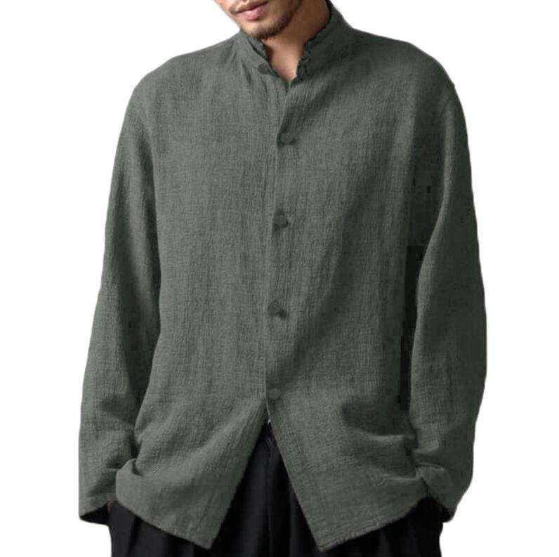 Mens Vintage Chinese Style Cotton Stand Collar Casual Long Sleeve Loose Shirts Angelwarriorfitness.com