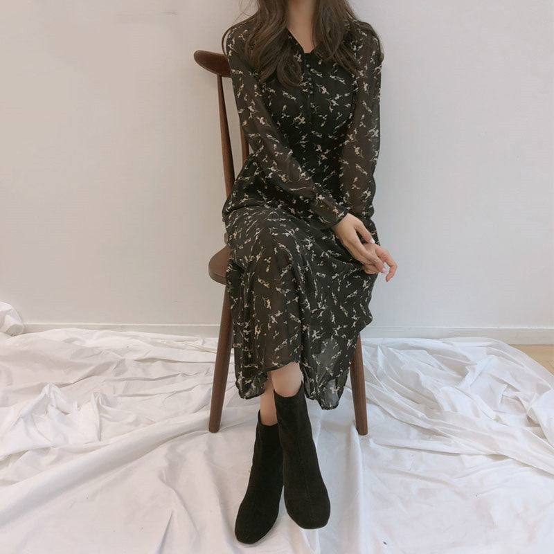 French Retro Mid-length Dress With Slim Waist And Floral Chiffon Long Sleeves Angelwarriorfitness.com