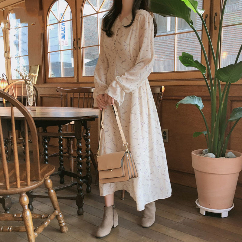 French Retro Mid-length Dress With Slim Waist And Floral Chiffon Long Sleeves Angelwarriorfitness.com