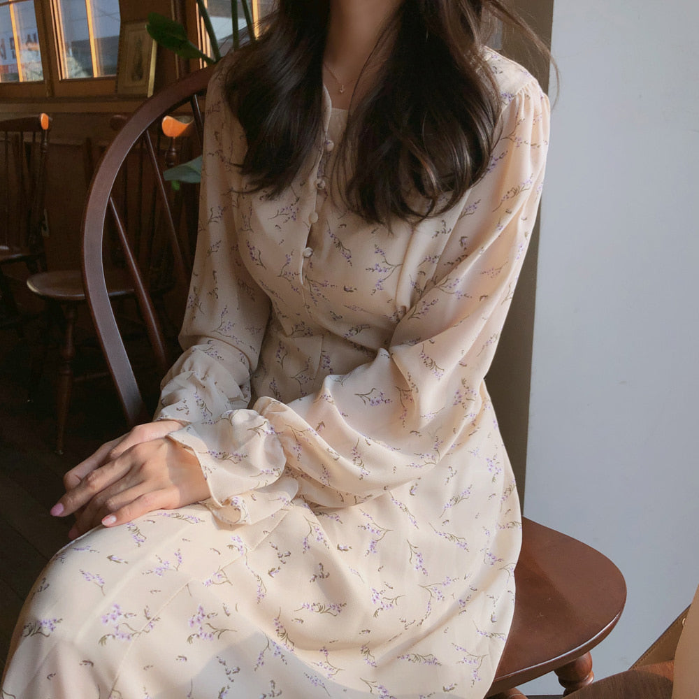 French Retro Mid-length Dress With Slim Waist And Floral Chiffon Long Sleeves Angelwarriorfitness.com