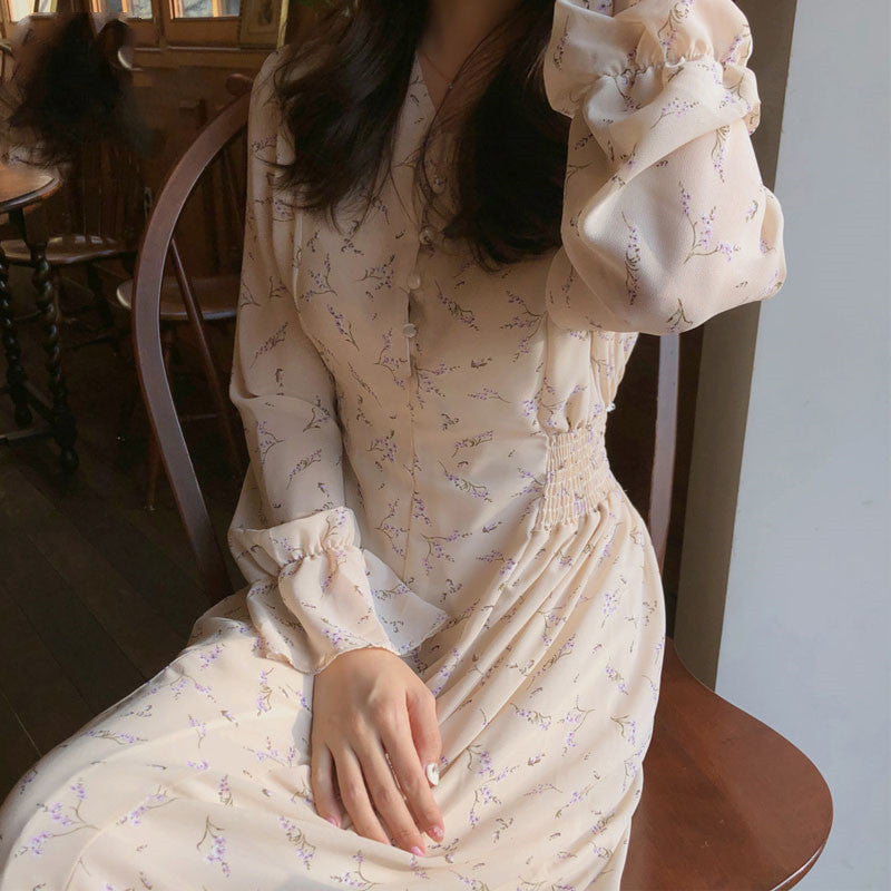 French Retro Mid-length Dress With Slim Waist And Floral Chiffon Long Sleeves Angelwarriorfitness.com