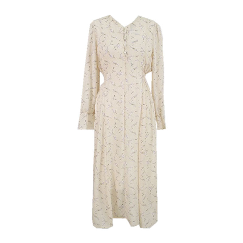 French Retro Mid-length Dress With Slim Waist And Floral Chiffon Long Sleeves Angelwarriorfitness.com