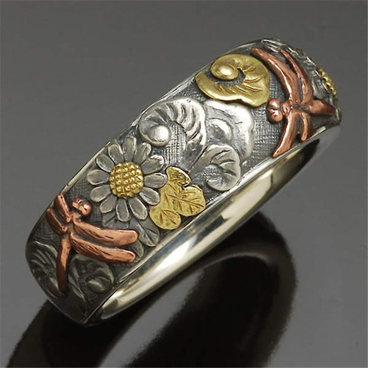 Vintage Carved Ring Flower Dragonfly Sunflower Ring Angelwarriorfitness.com