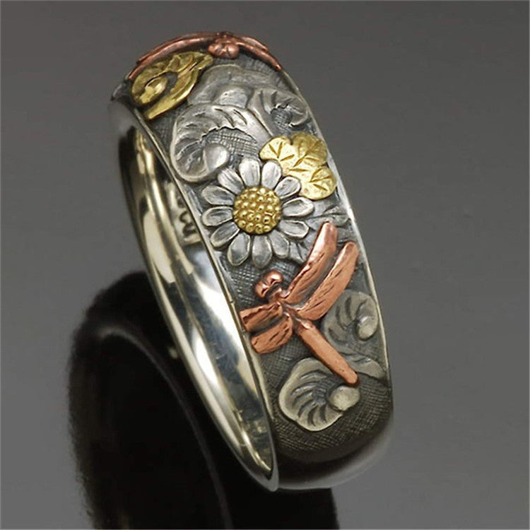 Vintage Carved Ring Flower Dragonfly Sunflower Ring Angelwarriorfitness.com