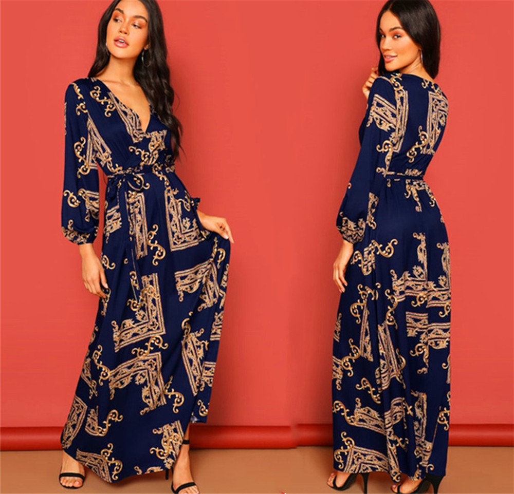 Printed Belt Dress Retro Evening Dress Angelwarriorfitness.com