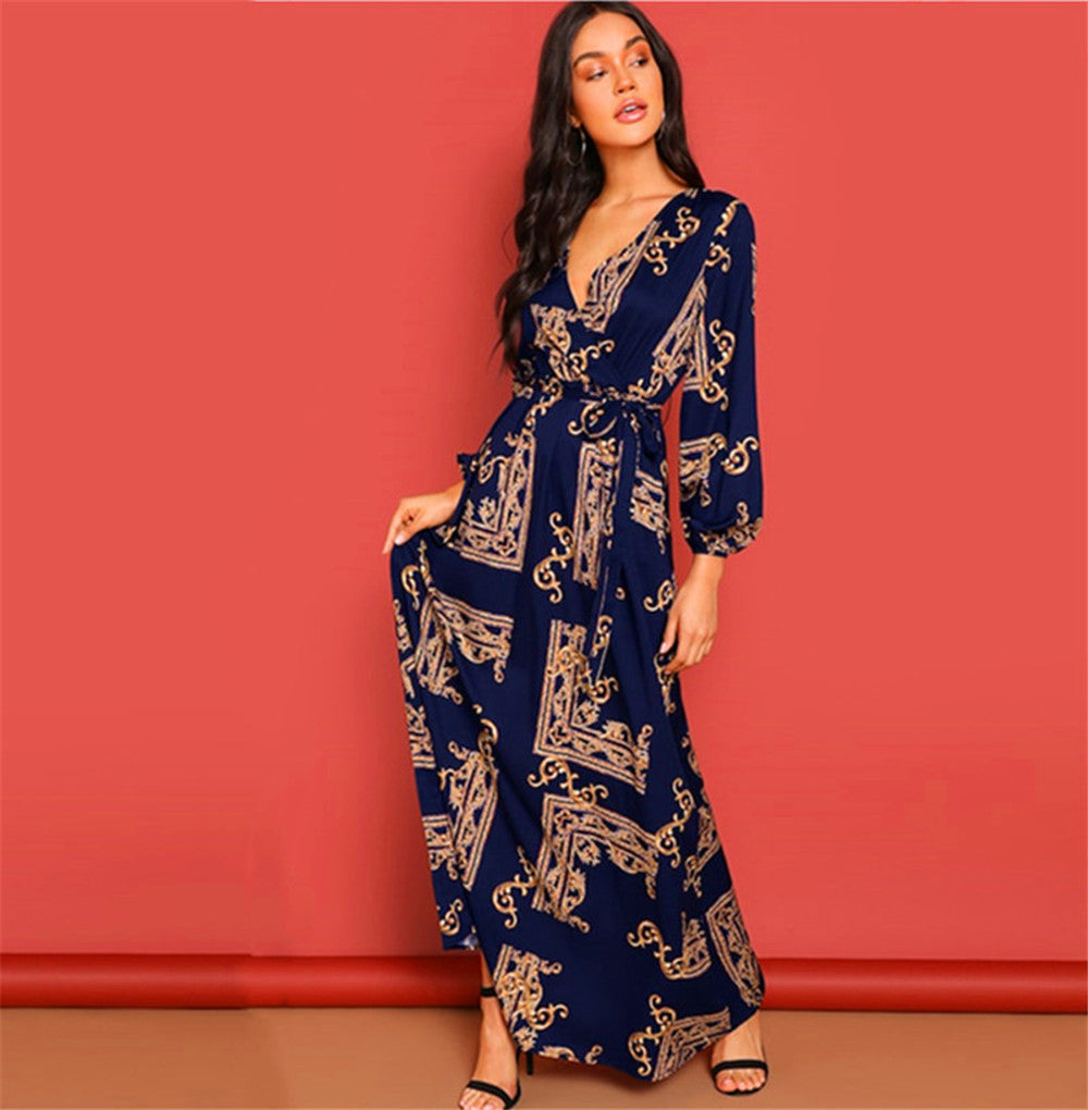 Printed Belt Dress Retro Evening Dress Angelwarriorfitness.com