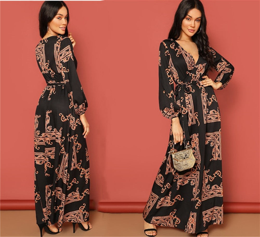 Printed Belt Dress Retro Evening Dress Angelwarriorfitness.com