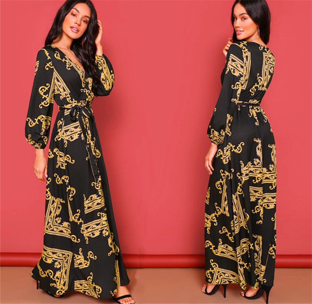 Printed Belt Dress Retro Evening Dress Angelwarriorfitness.com