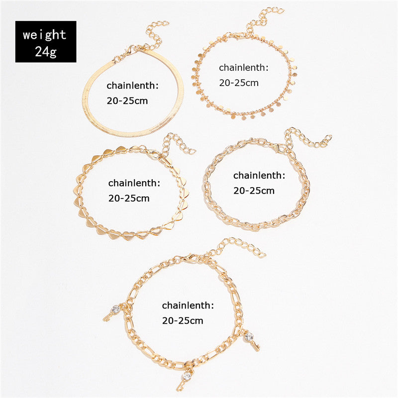 5 Pcs Women Fashion Gold Color Heart Crystal Key Anklets For Women Trendy Snake Chain Anklets For Women Foot Jewelry Gifts Angelwarriorfitness.com