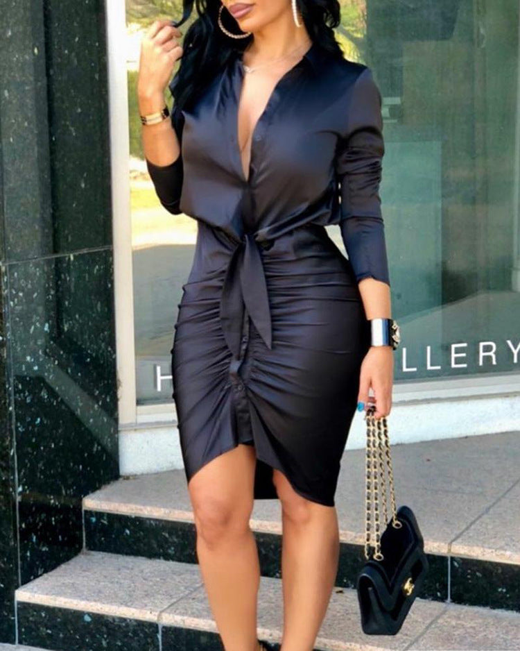 Women Lace-up Solid Color Long Sleeve Midi Dress Shirt Dress Elegant Fashion Party Dress Angelwarriorfitness.com