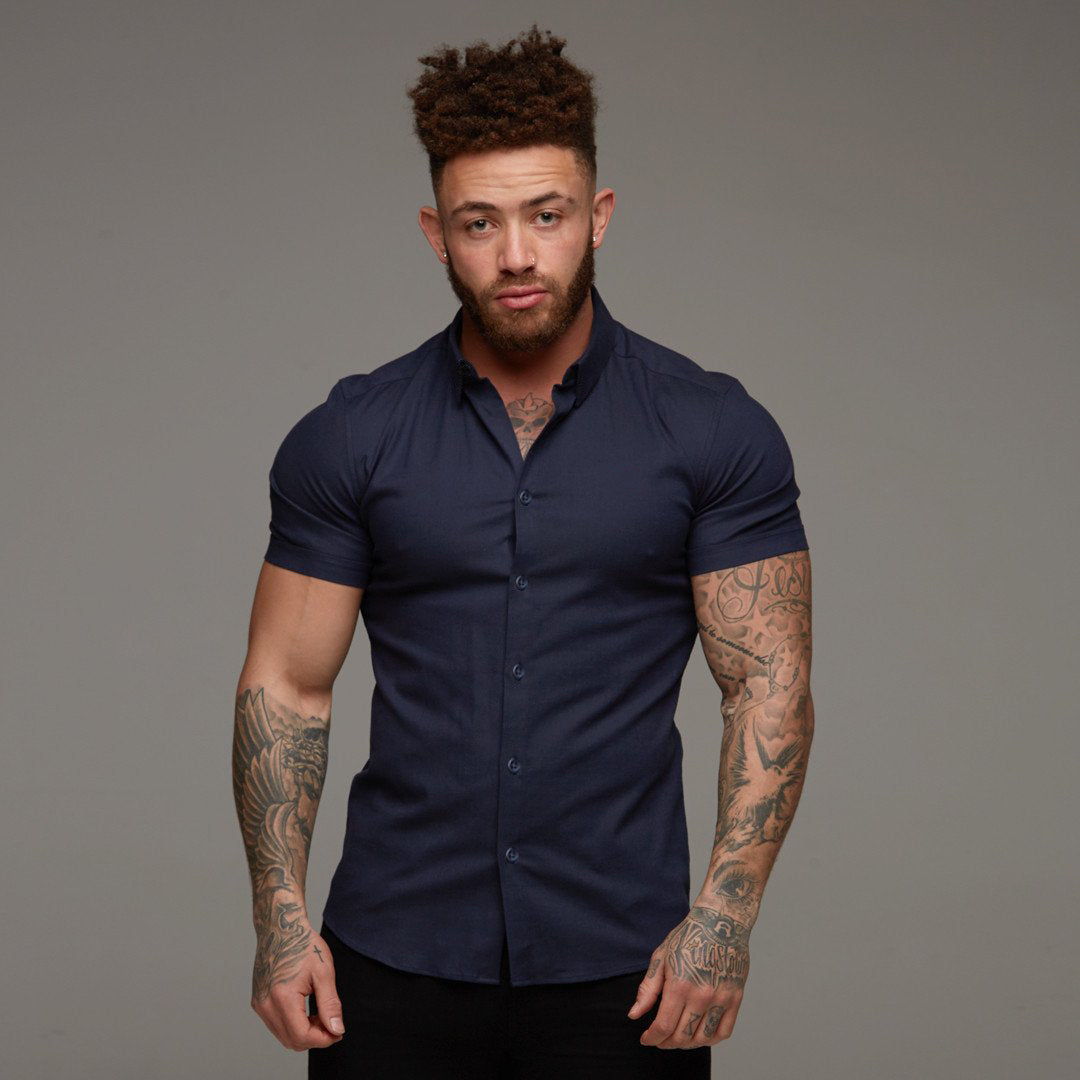 Muscle Men's Fitness Shirt Short-Sleeved Shirt Summer Sports Stretch Breathable Brothers Tight-Fitting Non-Iron Quick-Drying Shirt Angelwarriorfitness.com