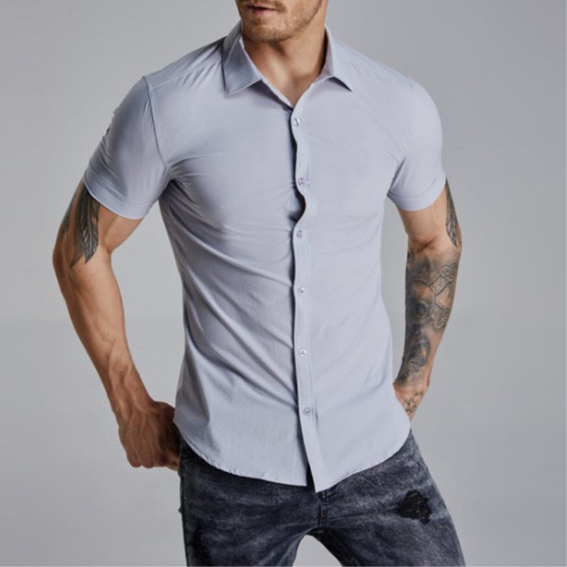 Muscle Men's Fitness Shirt Short-Sleeved Shirt Summer Sports Stretch Breathable Brothers Tight-Fitting Non-Iron Quick-Drying Shirt Angelwarriorfitness.com