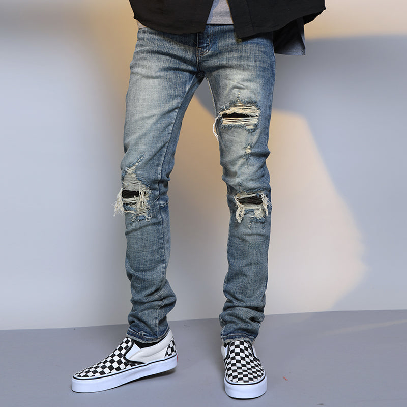 Mens Ripped Washed Blue Denim Jeans Angelwarriorfitness.com