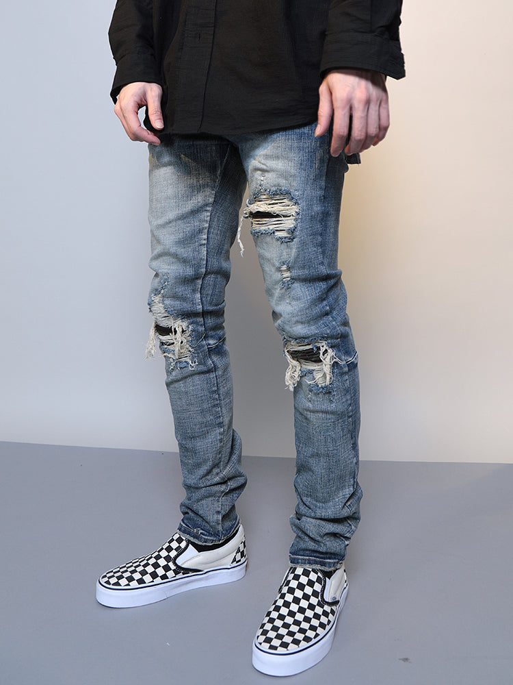 Mens Ripped Washed Blue Denim Jeans Angelwarriorfitness.com