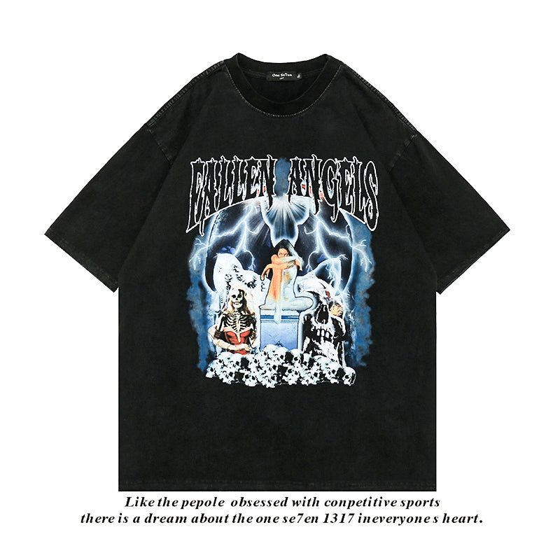 Hip Hop Streetwear Washed T Shirt Lightning Skull Girl Angelwarriorfitness.com