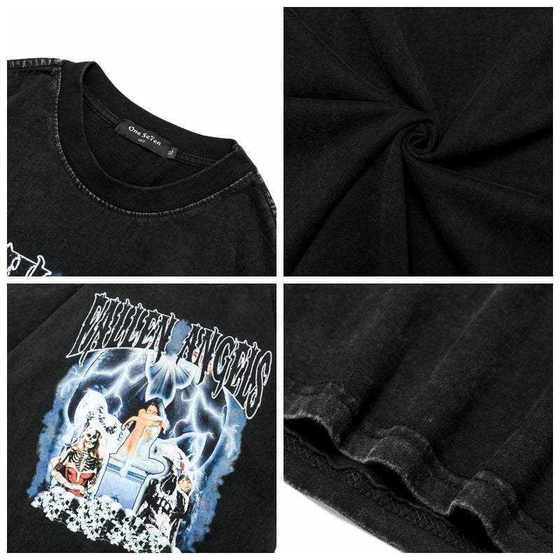 Hip Hop Streetwear Washed T Shirt Lightning Skull Girl Angelwarriorfitness.com