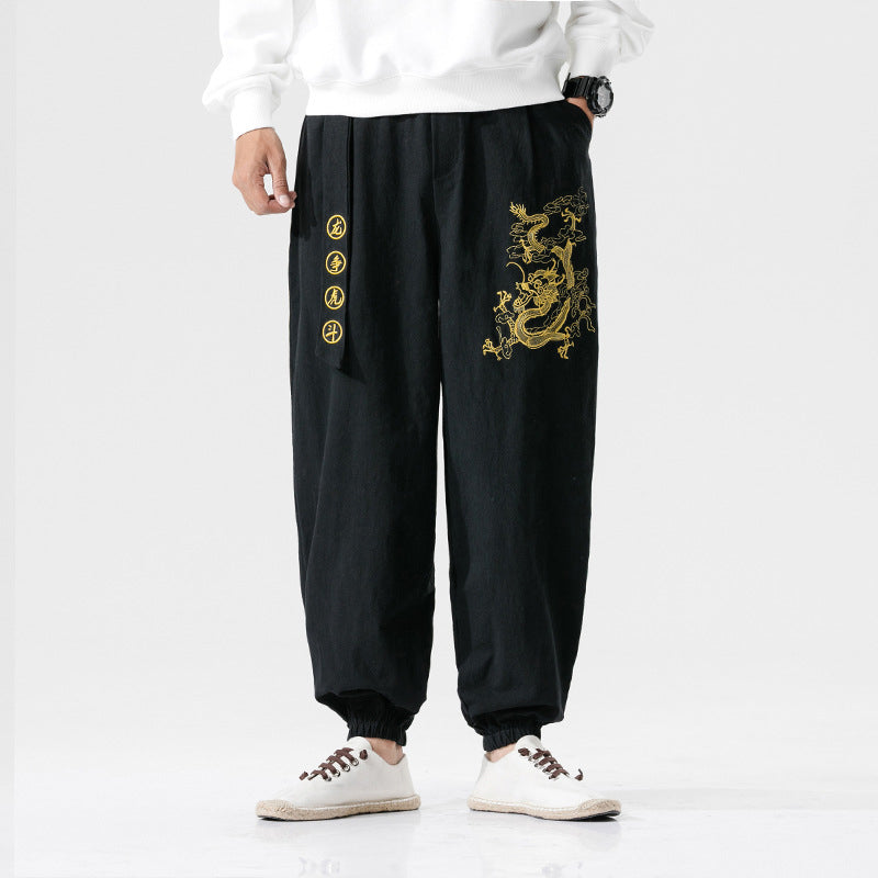 Chinese Style Large Size Dragon And Tiger Embroidery Youth Mens Cotton And Linen Casual Pants Angelwarriorfitness.com