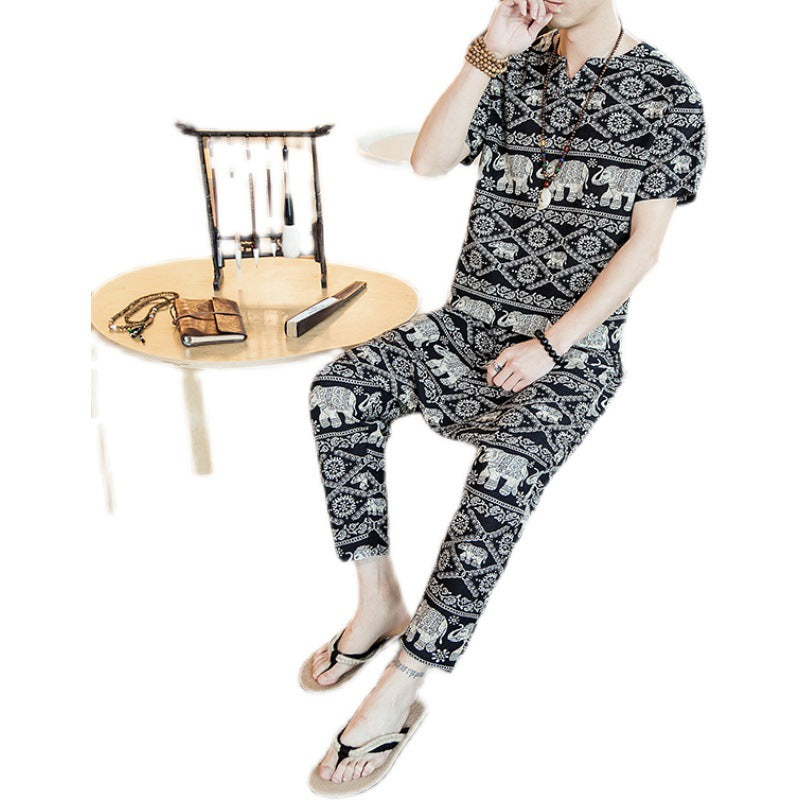INCERUN Men Sets Vintage Ethnic Printed Retro Short Sleeve T Shirt Casual Pants Loose Streetwear Men Clothes 2 Pieces Plus Size Angelwarriorfitness.com