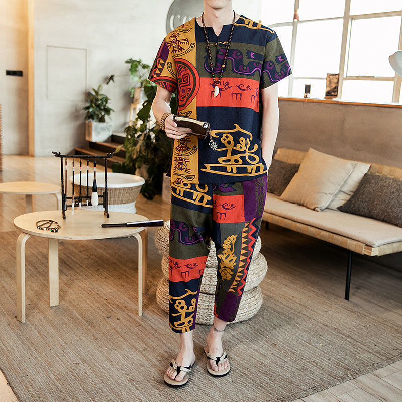 INCERUN Men Sets Vintage Ethnic Printed Retro Short Sleeve T Shirt Casual Pants Loose Streetwear Men Clothes 2 Pieces Plus Size Angelwarriorfitness.com