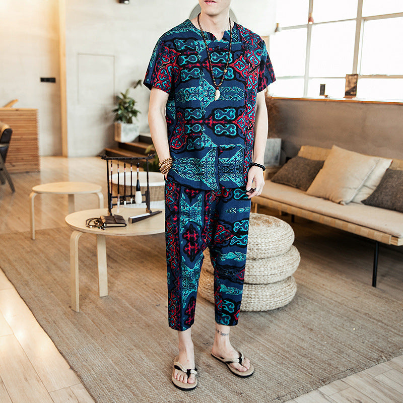 INCERUN Men Sets Vintage Ethnic Printed Retro Short Sleeve T Shirt Casual Pants Loose Streetwear Men Clothes 2 Pieces Plus Size Angelwarriorfitness.com