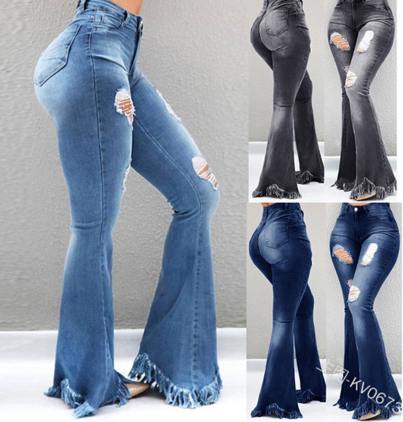 Cool Fashion Personality, Worn-Out Holes, White High-Waisted Jeans, Thin, Fringed Fringe Weird Denim Jeans For Ladies Angelwarriorfitness.com