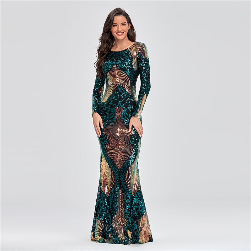 High Waist Long Sleeve Round Neck Halter Sequined Mermaid Evening Dress Angelwarriorfitness.com