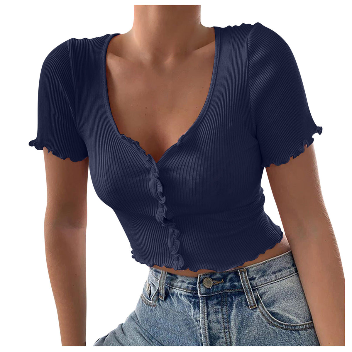 V Neck Ruffles Short Sleeve T Shirt Women Summer Casual Button Crop Top Basic Blue T Shirt Tops Angelwarriorfitness.com