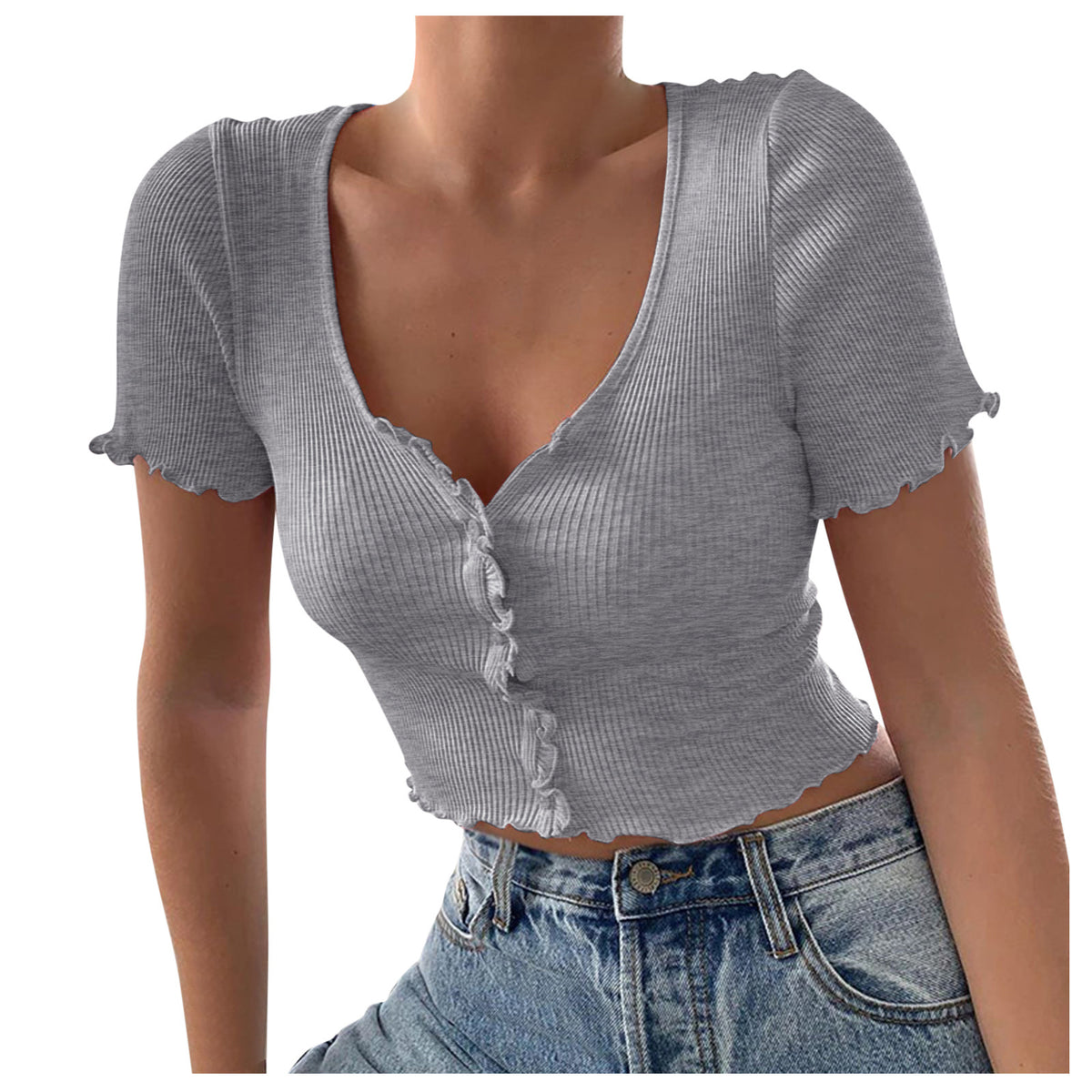V Neck Ruffles Short Sleeve T Shirt Women Summer Casual Button Crop Top Basic Blue T Shirt Tops Angelwarriorfitness.com
