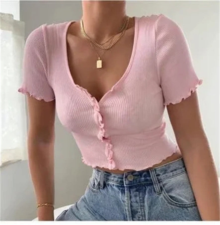 V Neck Ruffles Short Sleeve T Shirt Women Summer Casual Button Crop Top Basic Blue T Shirt Tops Angelwarriorfitness.com