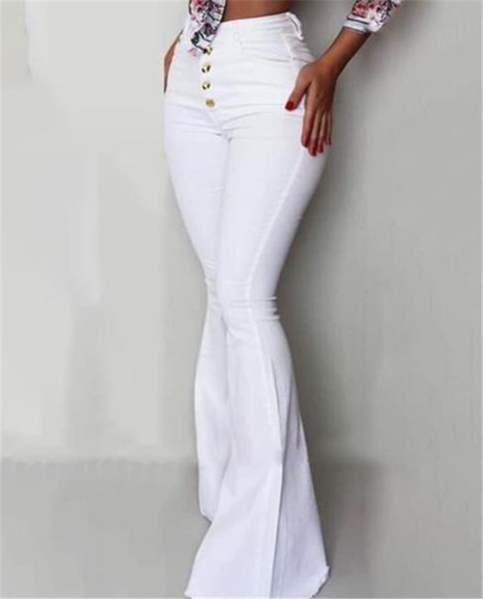 Buttoned Bell-Bottom High Waist Pants Women Solid Slim Fit White Flare Pants Summer Elegant Workwear Patalon Femme Angelwarriorfitness.com
