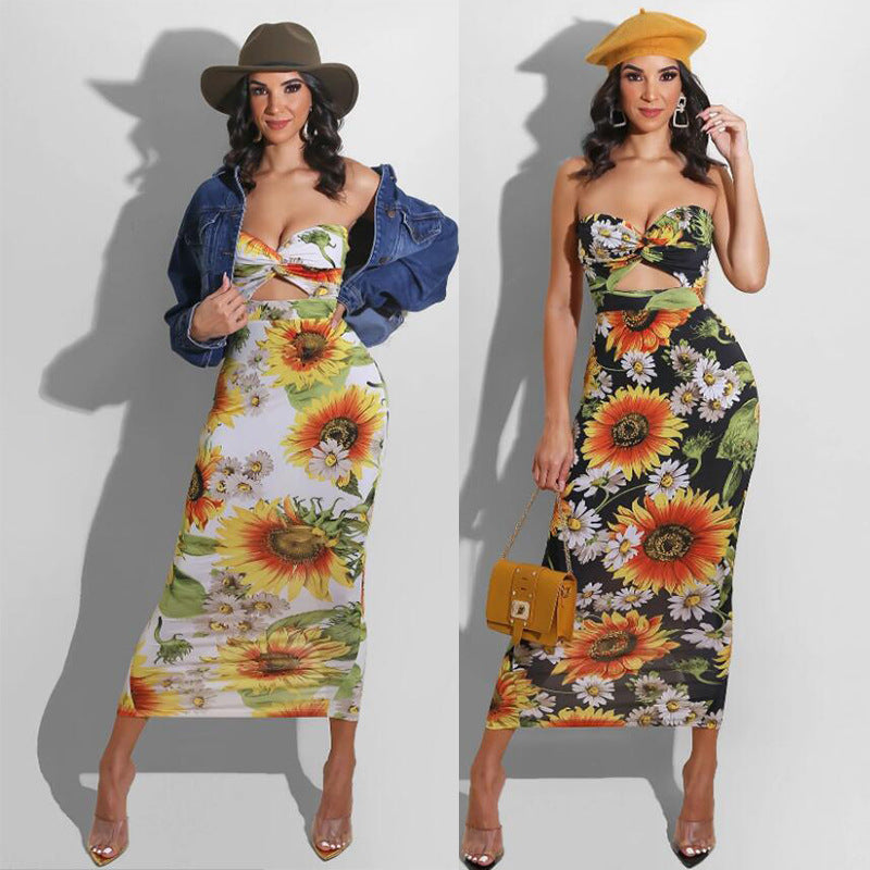 Tube Top Cutout Dress Sunflower Print Dress Slim Fit Long Dress Angelwarriorfitness.com