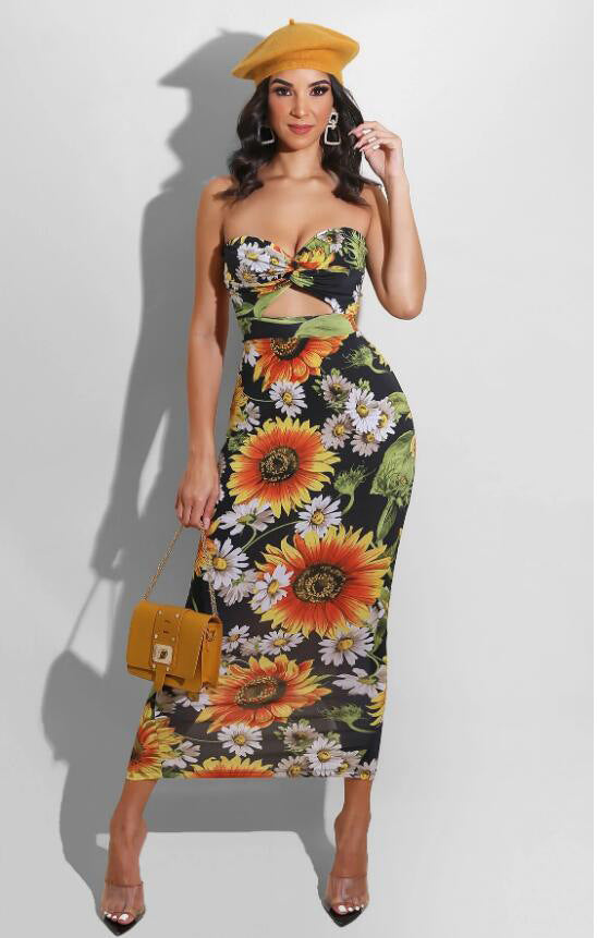 Tube Top Cutout Dress Sunflower Print Dress Slim Fit Long Dress Angelwarriorfitness.com