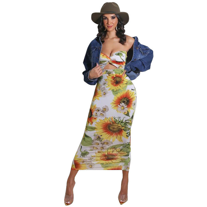 Tube Top Cutout Dress Sunflower Print Dress Slim Fit Long Dress Angelwarriorfitness.com