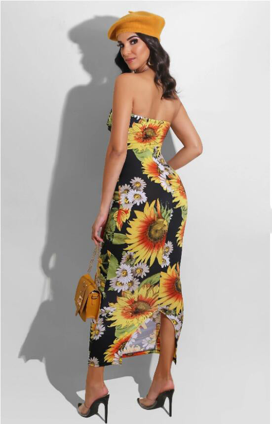 Tube Top Cutout Dress Sunflower Print Dress Slim Fit Long Dress Angelwarriorfitness.com