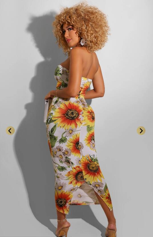 Tube Top Cutout Dress Sunflower Print Dress Slim Fit Long Dress Angelwarriorfitness.com