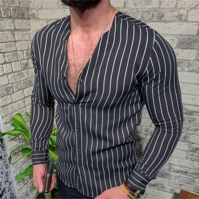 Mens Striped Long Sleeve V Neck Business Shirt Yellow Angelwarriorfitness.com