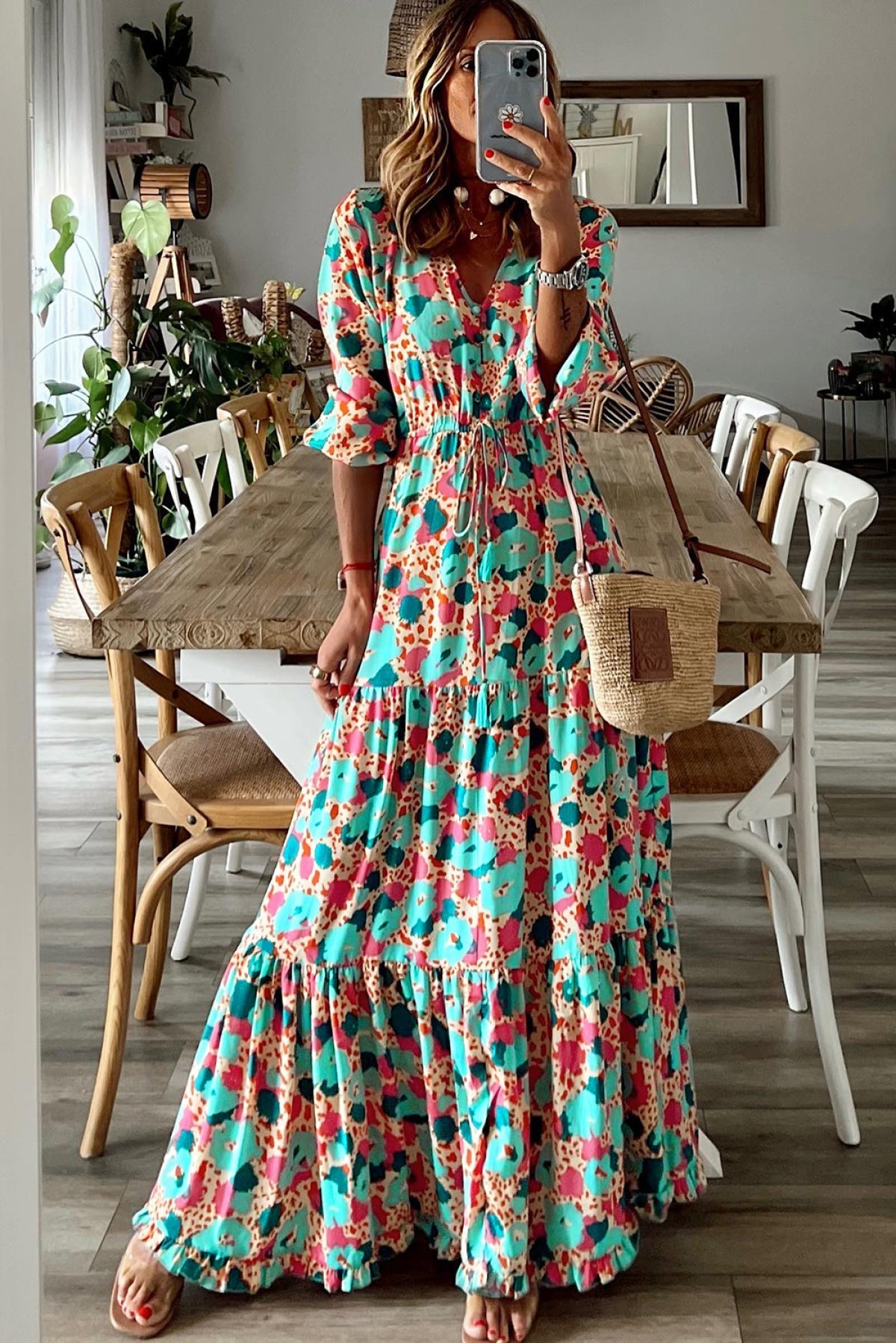 Multicolor Bohemia Print V Neck Ruffle Long Sleeve Maxi Dress Angelwarriorfitness.com