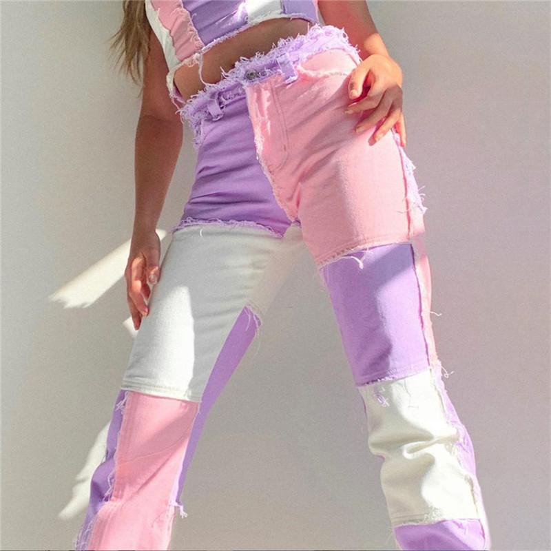 Casual Patchwork Color High Waist Denim Jeans Pants Angelwarriorfitness.com