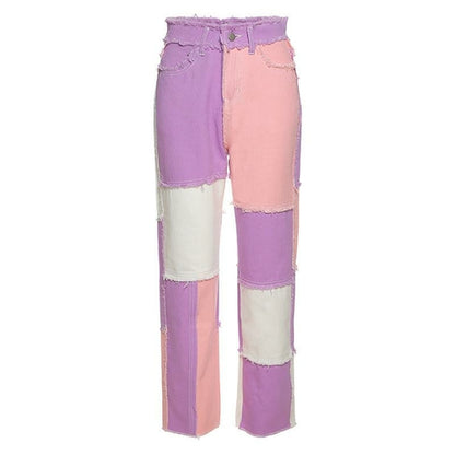 Casual Patchwork Color High Waist Denim Jeans Pants Angelwarriorfitness.com